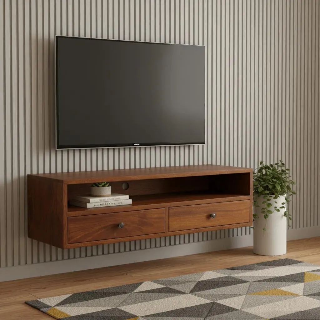 35" Brown Solid Wood Floating Mount TV Stand Homeroots Living Room