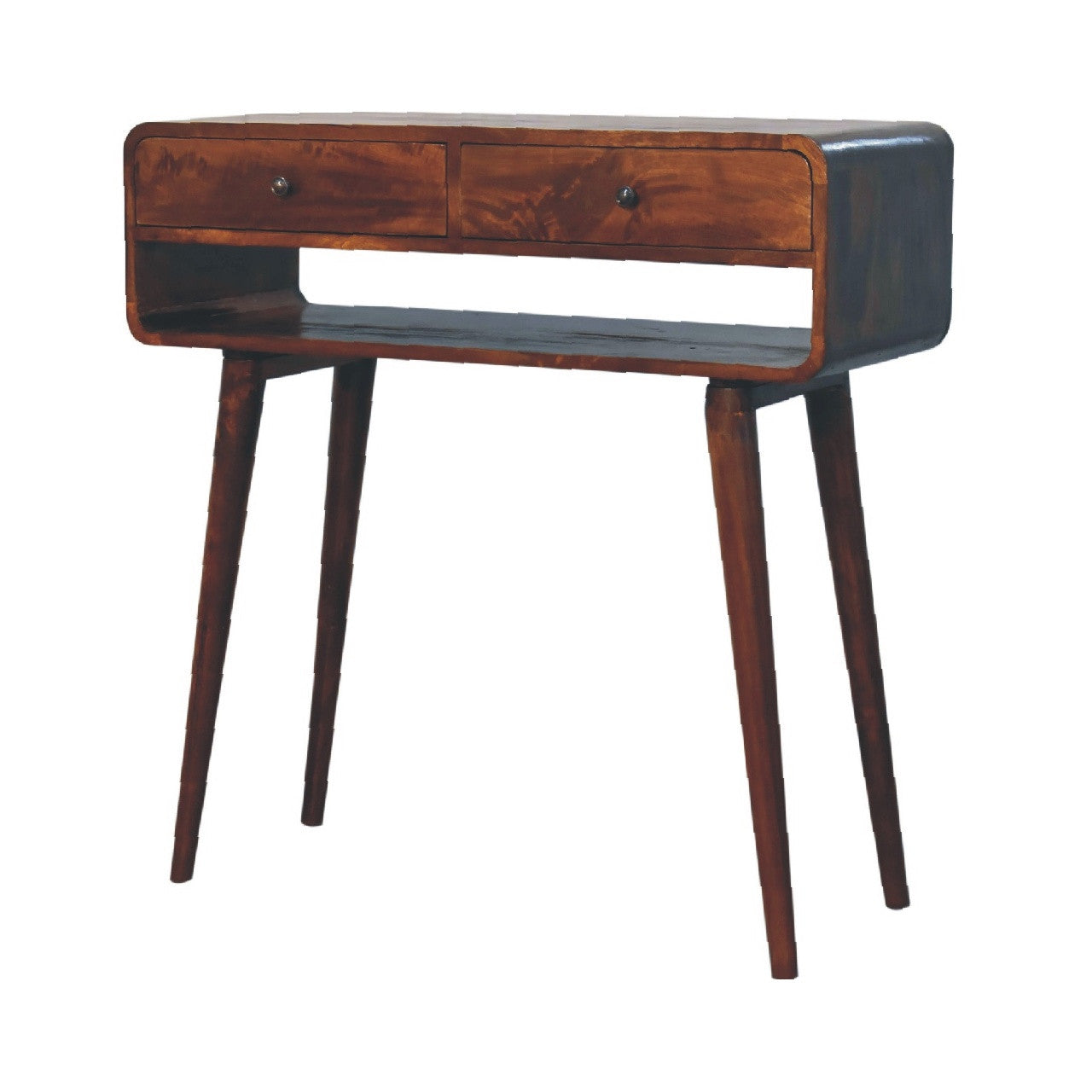 35" Chestnut Solid Wood Console Table With Shelf And Two Drawers Homeroots Living Room