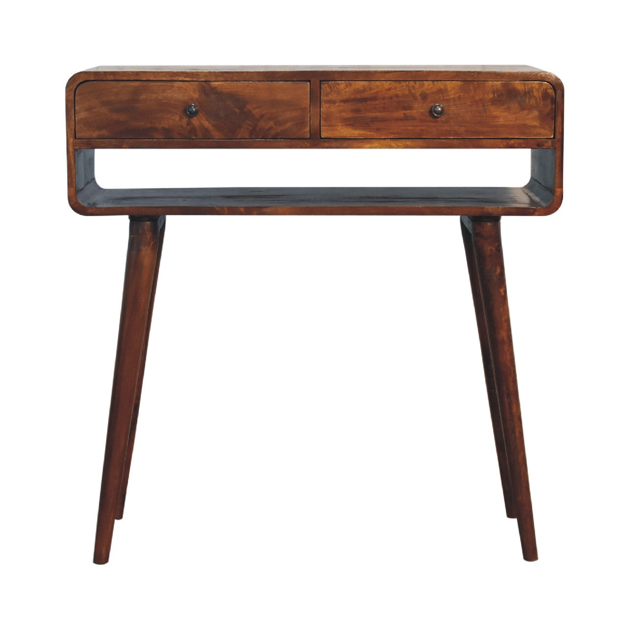 35" Chestnut Solid Wood Console Table With Shelf And Two Drawers Homeroots Living Room