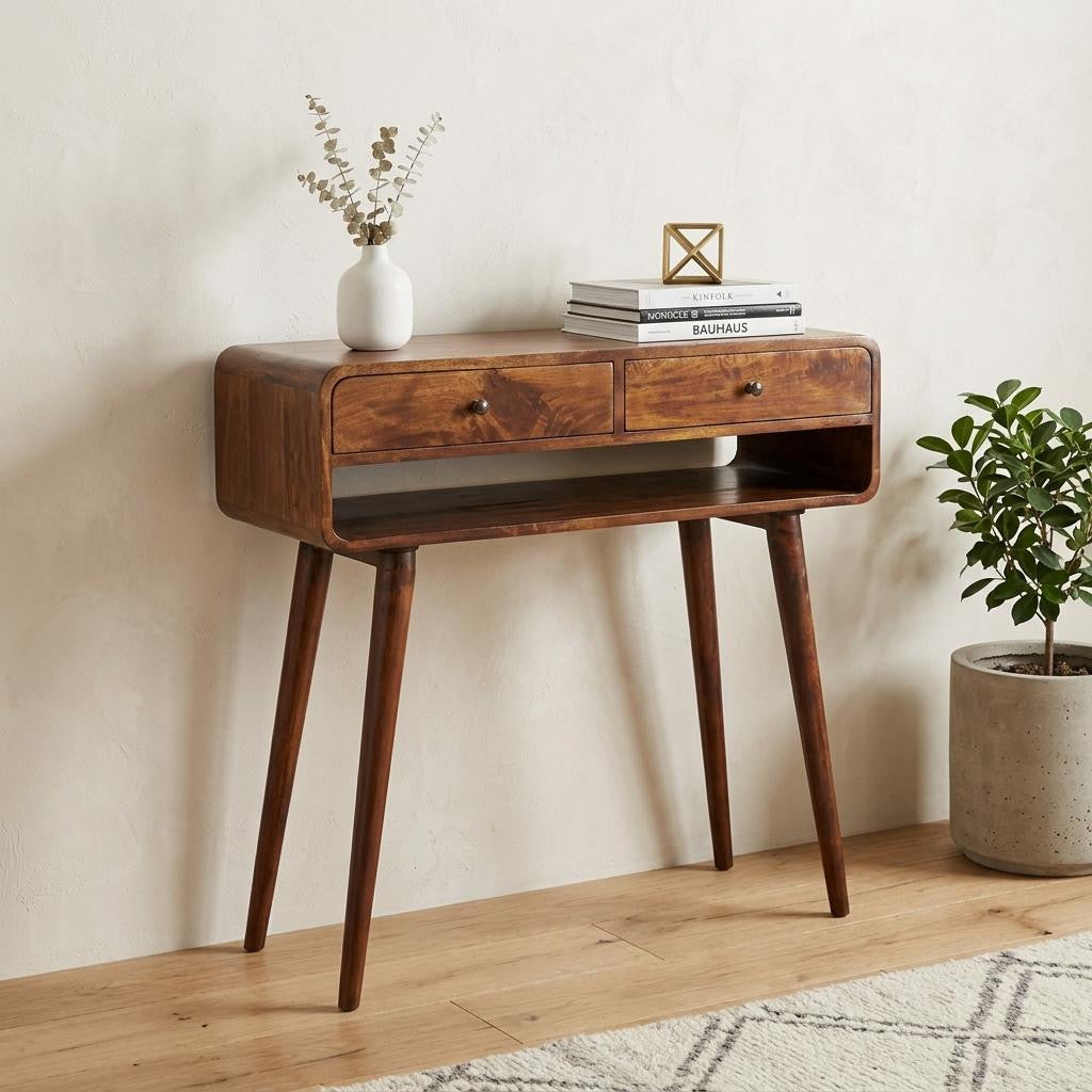 35" Chestnut Solid Wood Console Table With Shelf And Two Drawers Homeroots Living Room