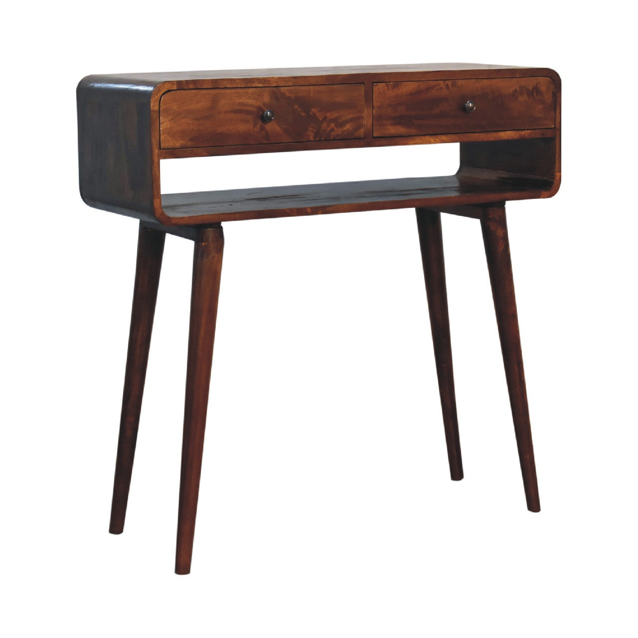 35" Chestnut Solid Wood Console Table With Shelf And Two Drawers Homeroots Living Room