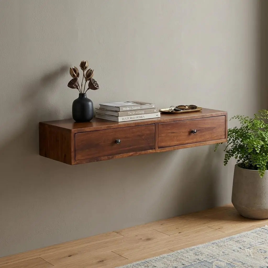 35" Chestnut Solid Wood Floating Wall Mount Console Table With Two Drawers Homeroots Living Room