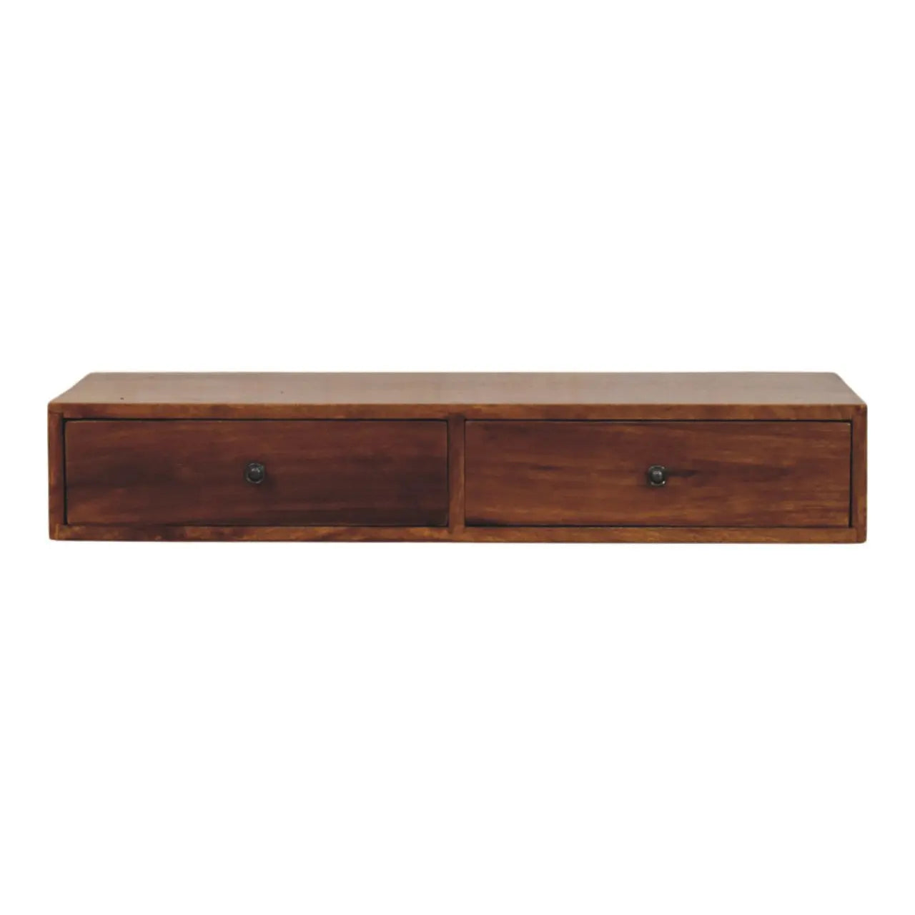 35" Chestnut Solid Wood Floating Wall Mount Console Table With Two Drawers Homeroots Living Room