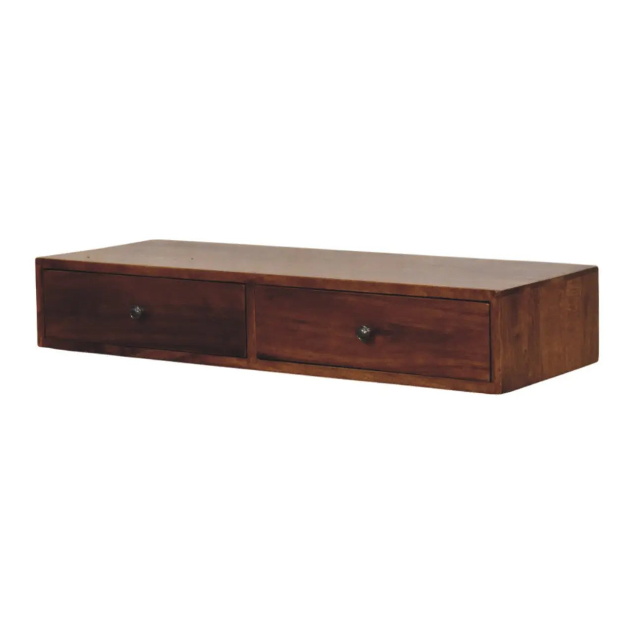 35" Chestnut Solid Wood Floating Wall Mount Console Table With Two Drawers Homeroots Living Room