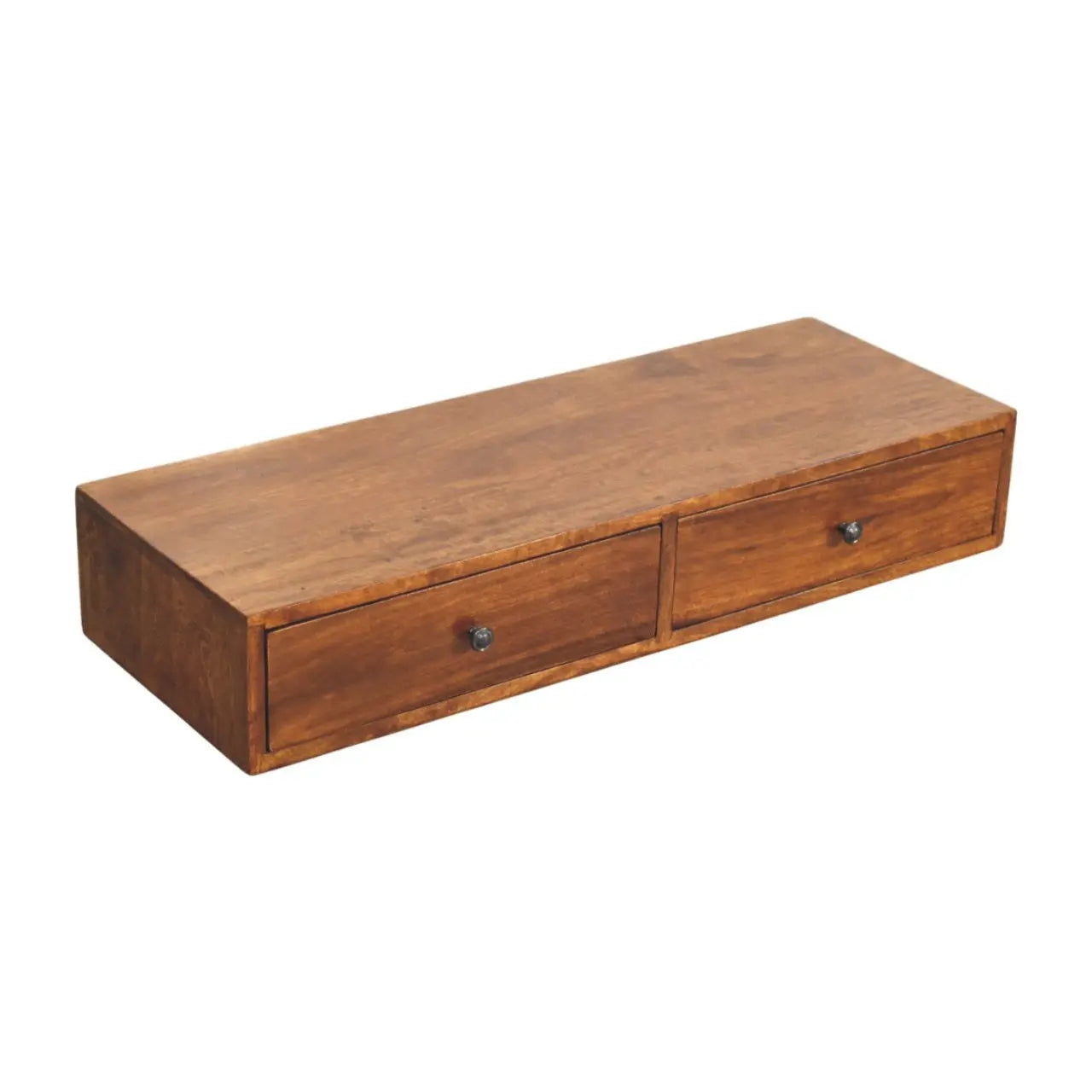 35" Chestnut Solid Wood Floating Wall Mount Console Table With Two Drawers Homeroots Living Room