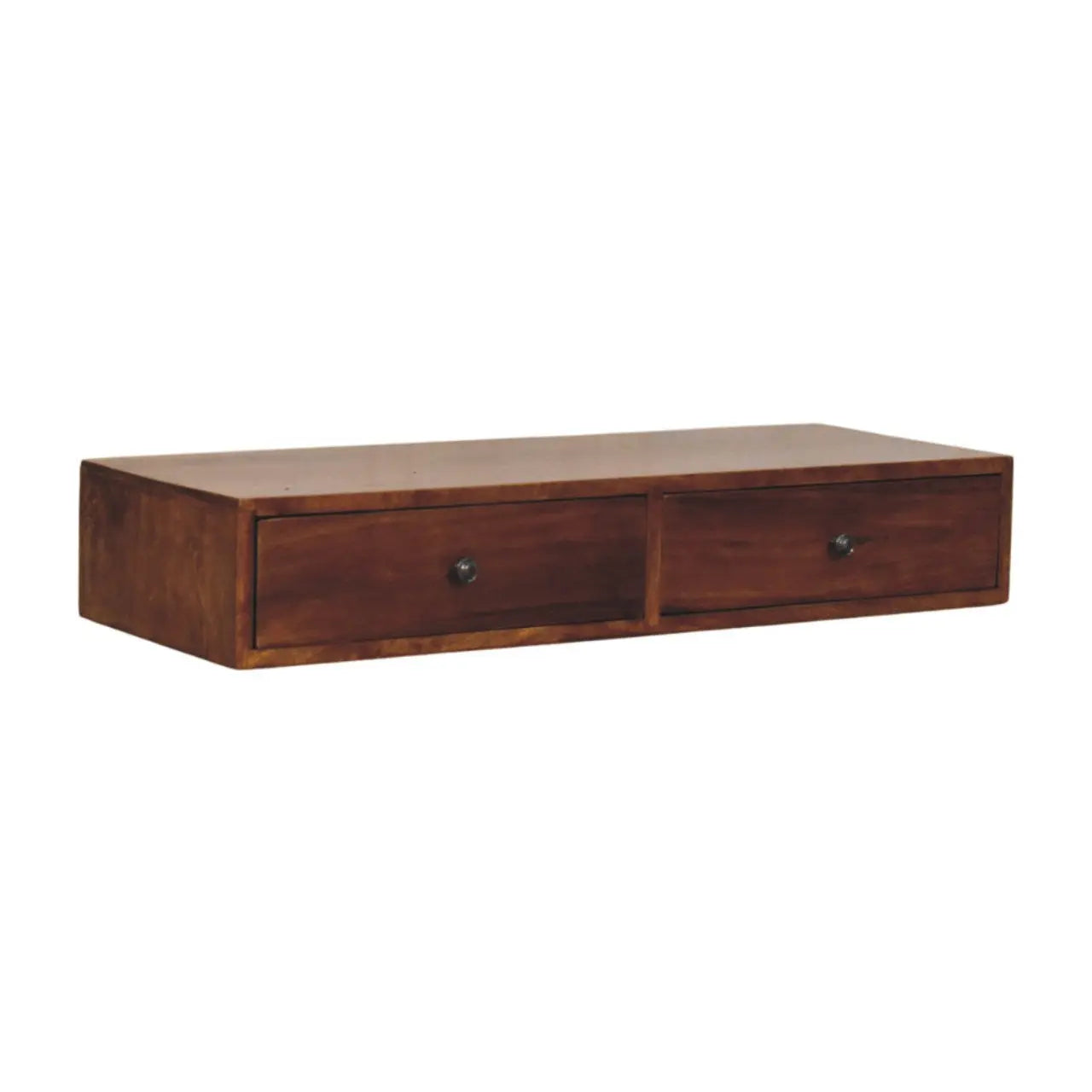 35" Chestnut Solid Wood Floating Wall Mount Console Table With Two Drawers Homeroots Living Room