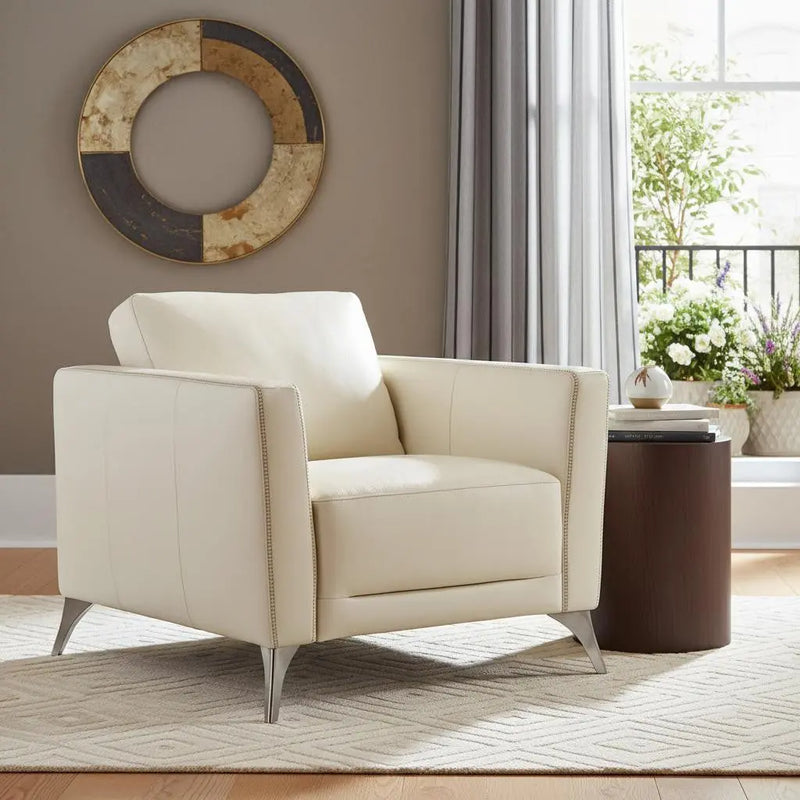 35" Cream and Black Genuine Leather Arm Chair Homeroots Living Room