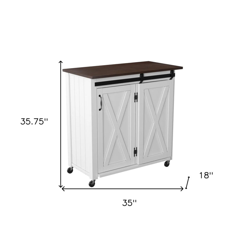 35" Dark Brown and White Wood Rolling Kitchen Cart Homeroots Kitchen & Dining