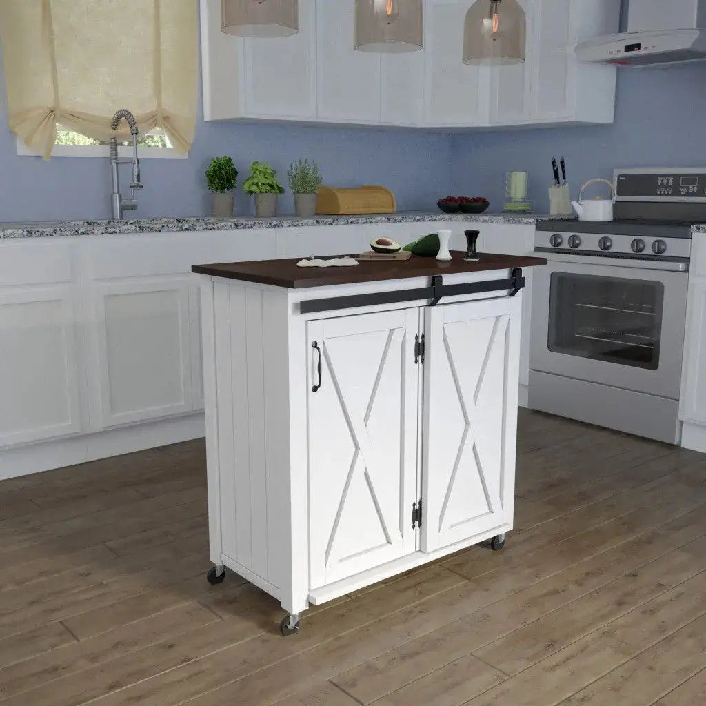 35" Dark Brown and White Wood Rolling Kitchen Cart Homeroots Kitchen & Dining