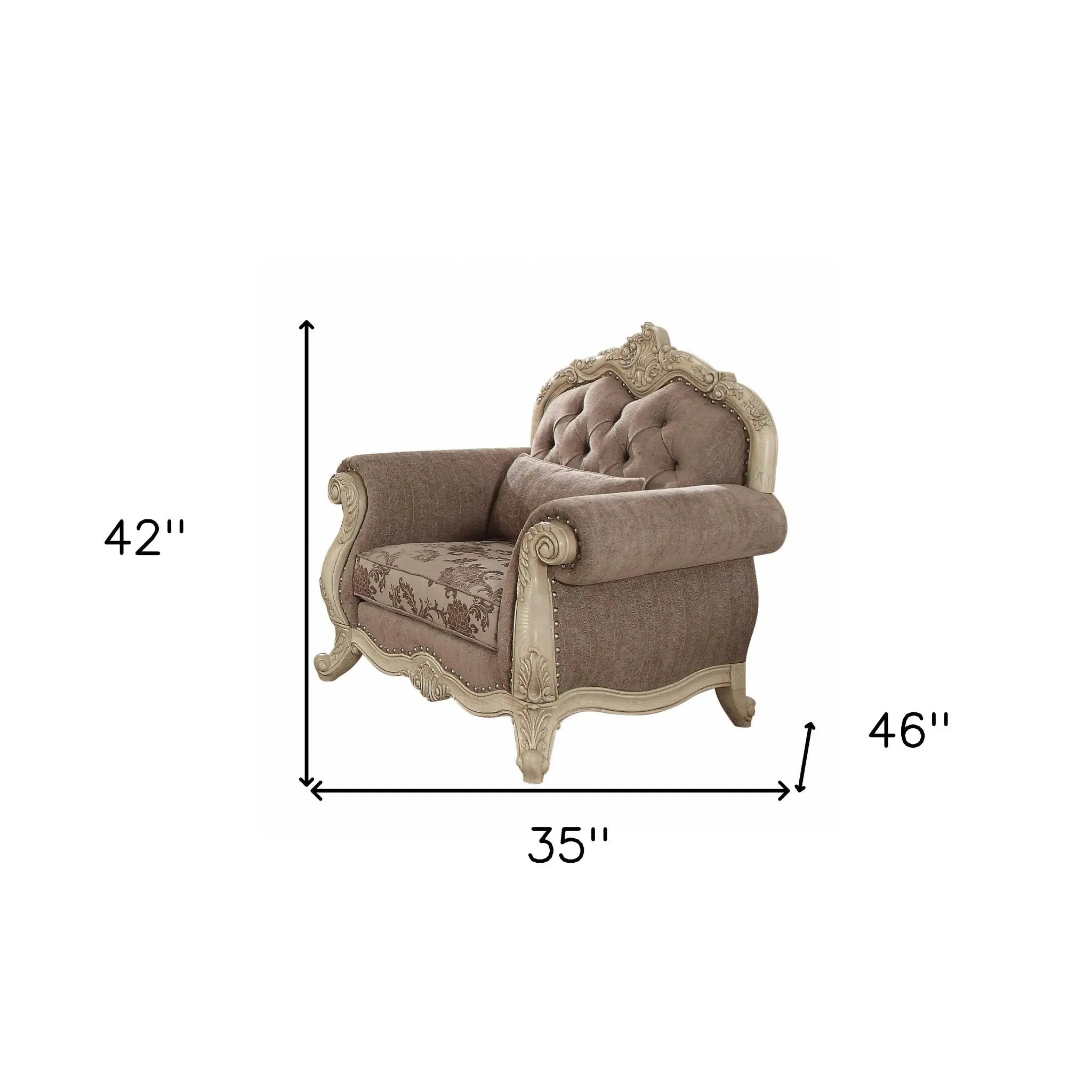 35" Gray and Antiqued White Fabric Floral Tufted Chesterfield Chair And Toss Pillow - GreatEagleInc