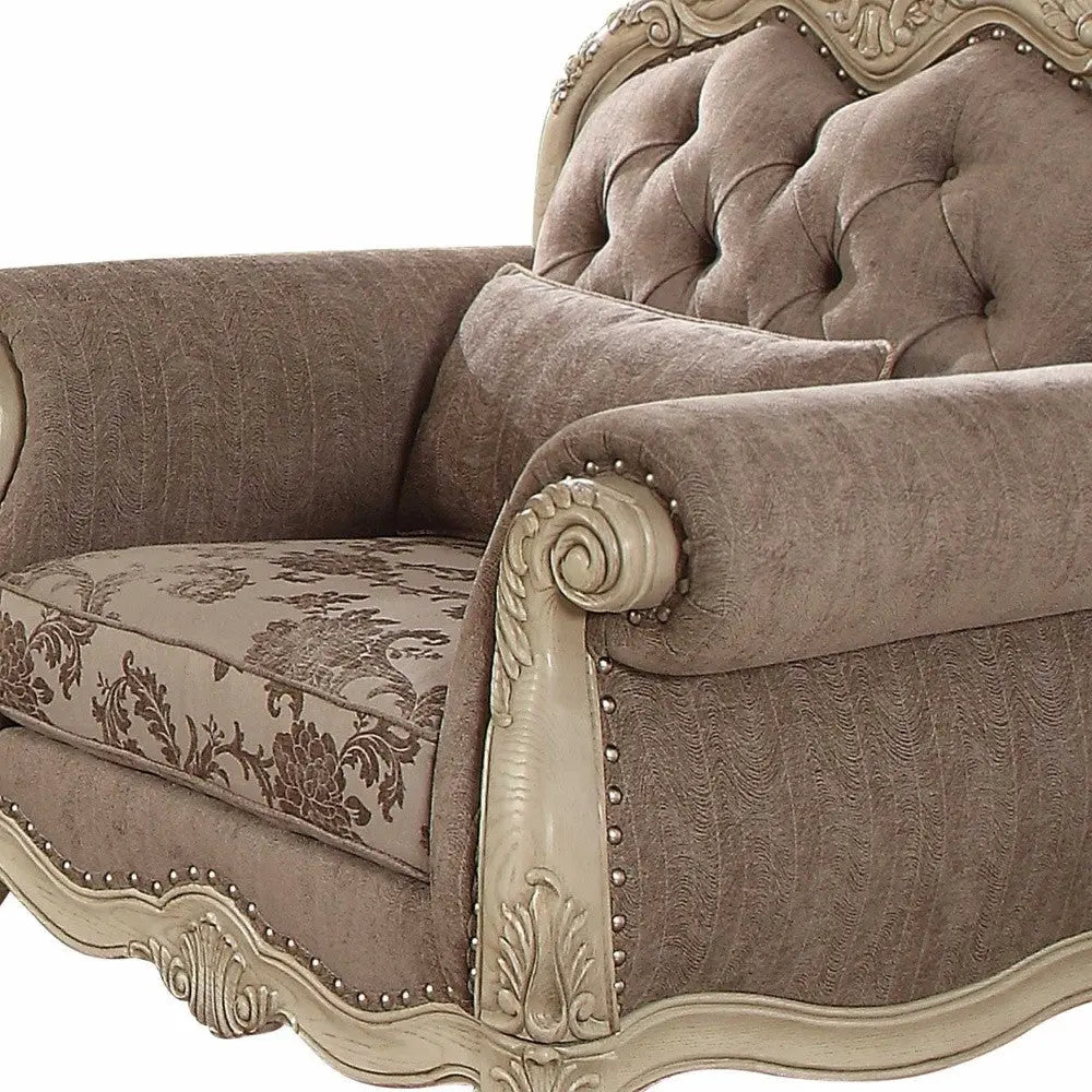 35" Gray and Antiqued White Fabric Floral Tufted Chesterfield Chair And Toss Pillow - GreatEagleInc