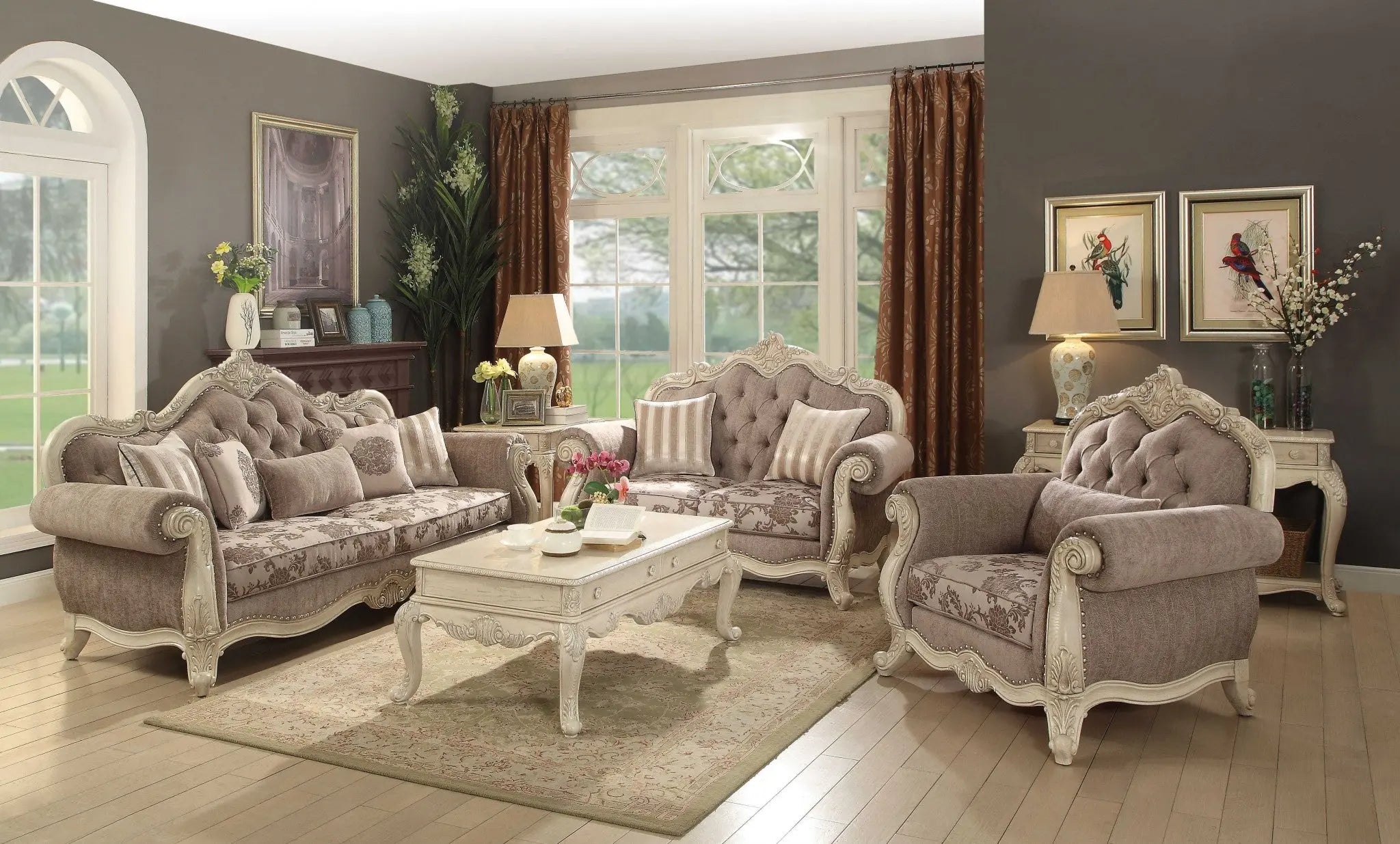 35" Gray and Antiqued White Fabric Floral Tufted Chesterfield Chair And Toss Pillow - GreatEagleInc