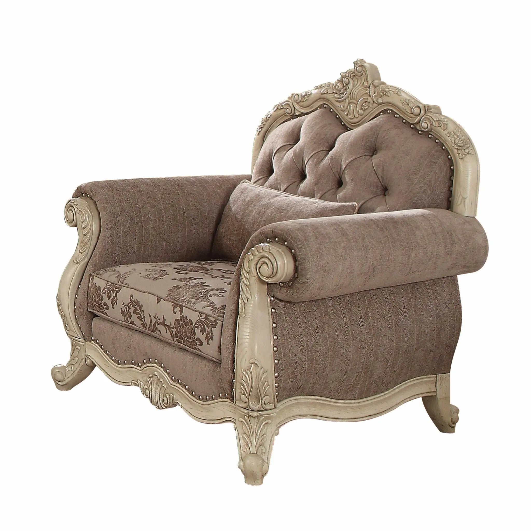 35" Gray and Antiqued White Fabric Floral Tufted Chesterfield Chair And Toss Pillow - GreatEagleInc