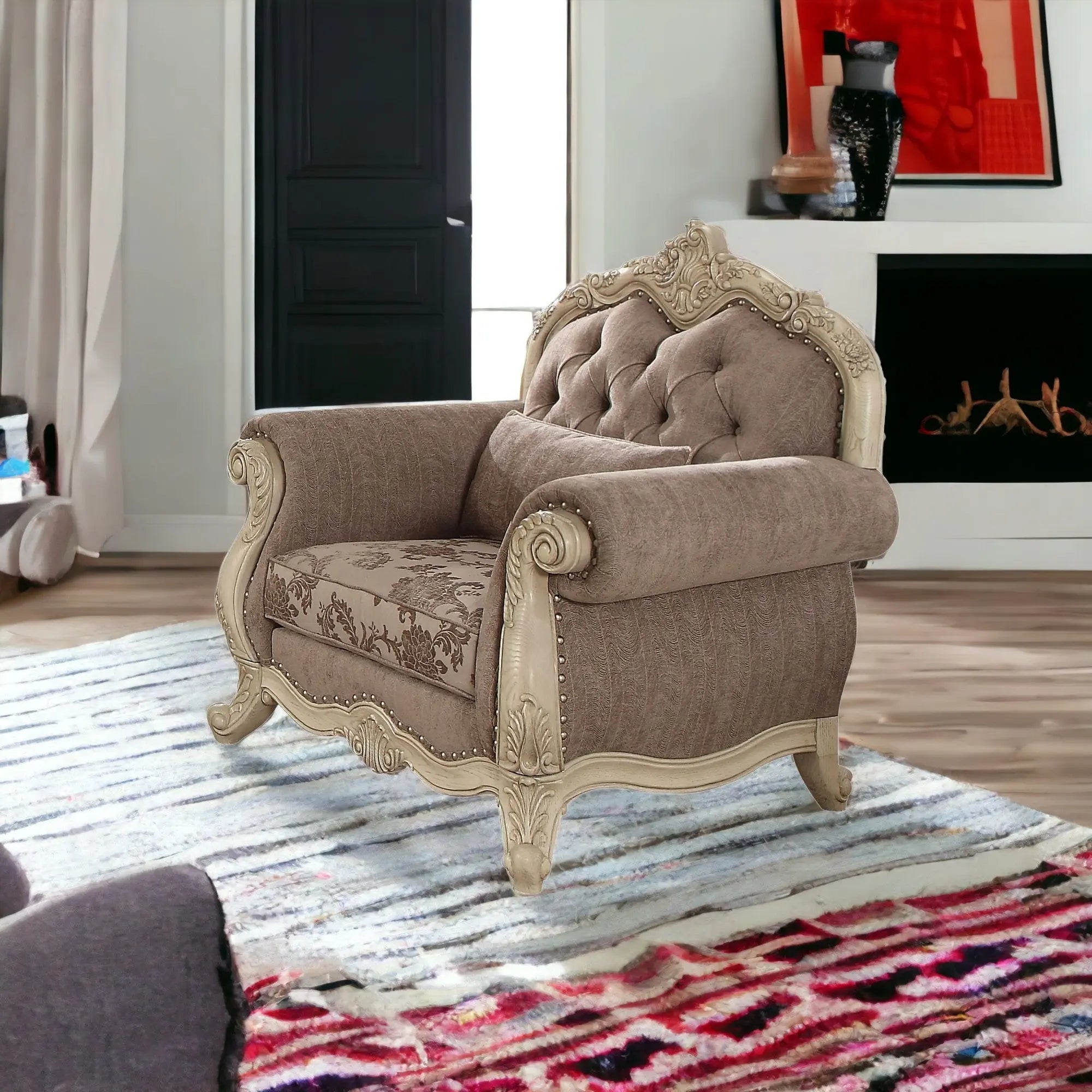 35" Gray and Antiqued White Fabric Floral Tufted Chesterfield Chair And Toss Pillow - GreatEagleInc