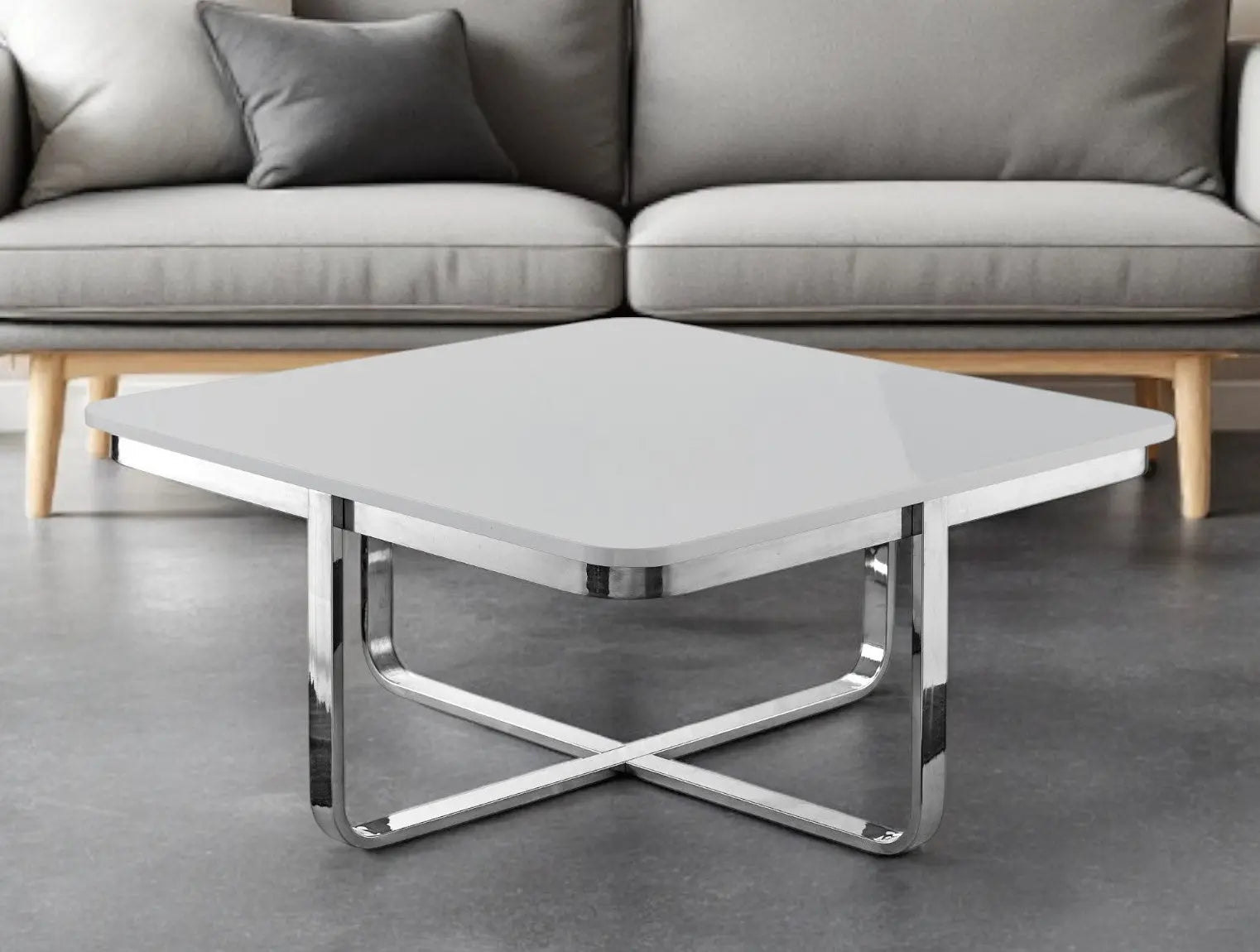 35" Light Gray And Silver Metallic Wood And Stainless Steel Square Coffee Table Homeroots Living Room