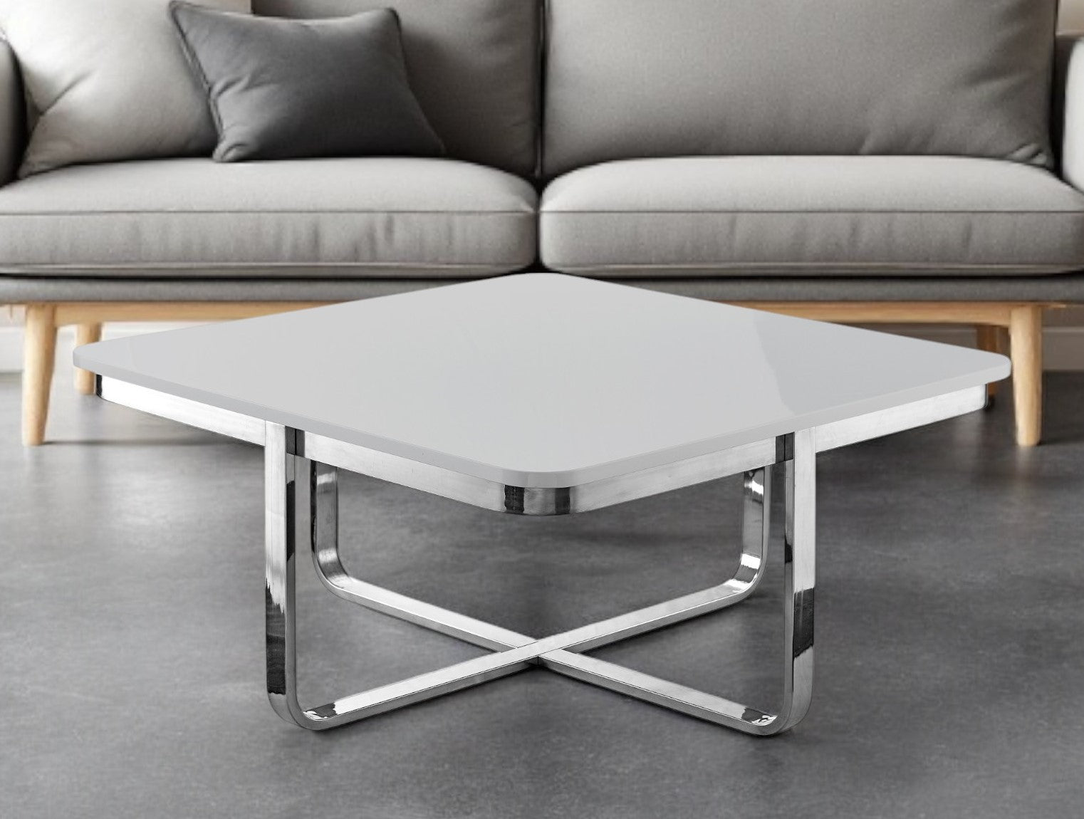 35" Light Gray And Silver Metallic Wood And Stainless Steel Square Coffee Table Homeroots Living Room