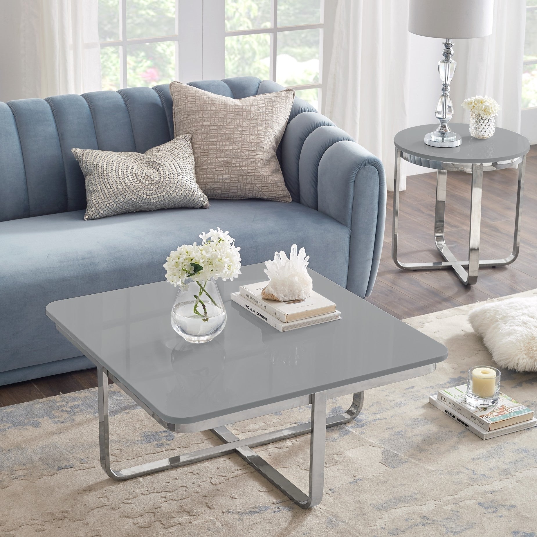 35" Light Gray And Silver Metallic Wood And Stainless Steel Square Coffee Table Homeroots Living Room