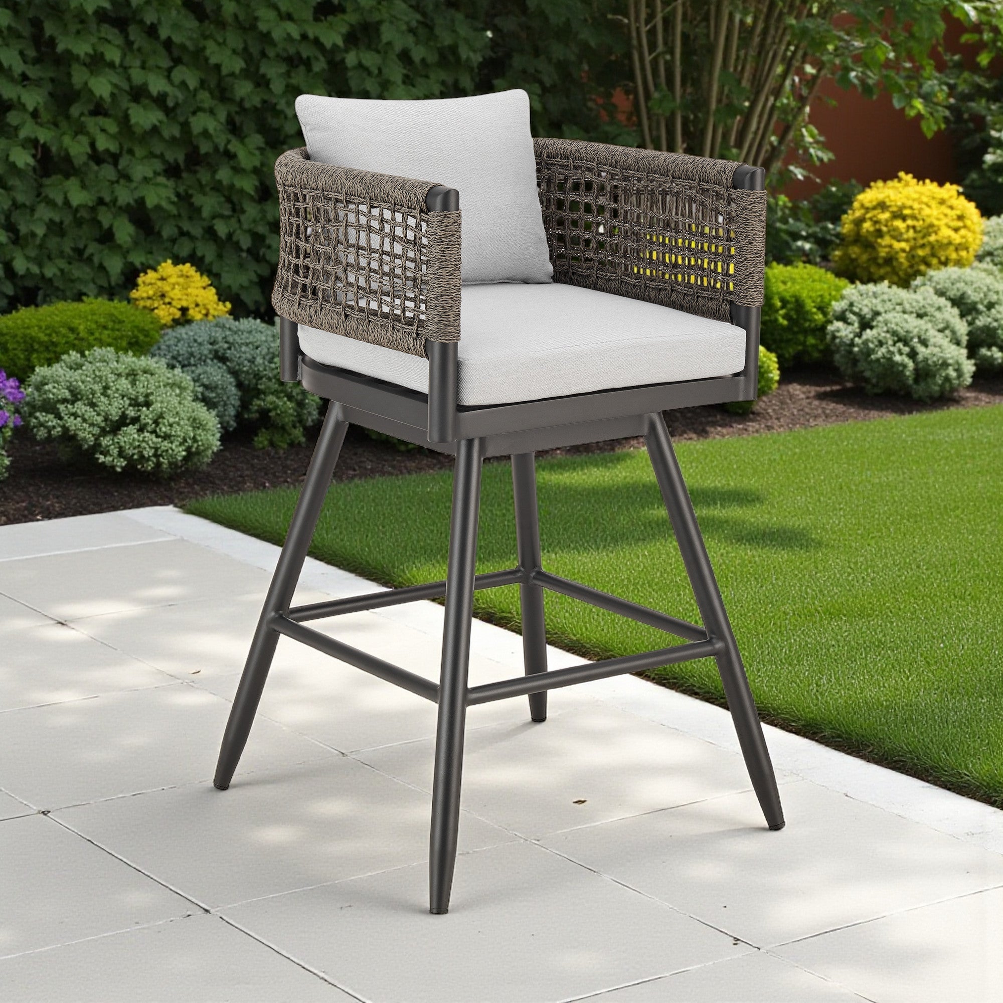 35" Light Gray Metal Swivel Low back Outdoor Counter Height Bar chair with Footrest - GreatEagleInc