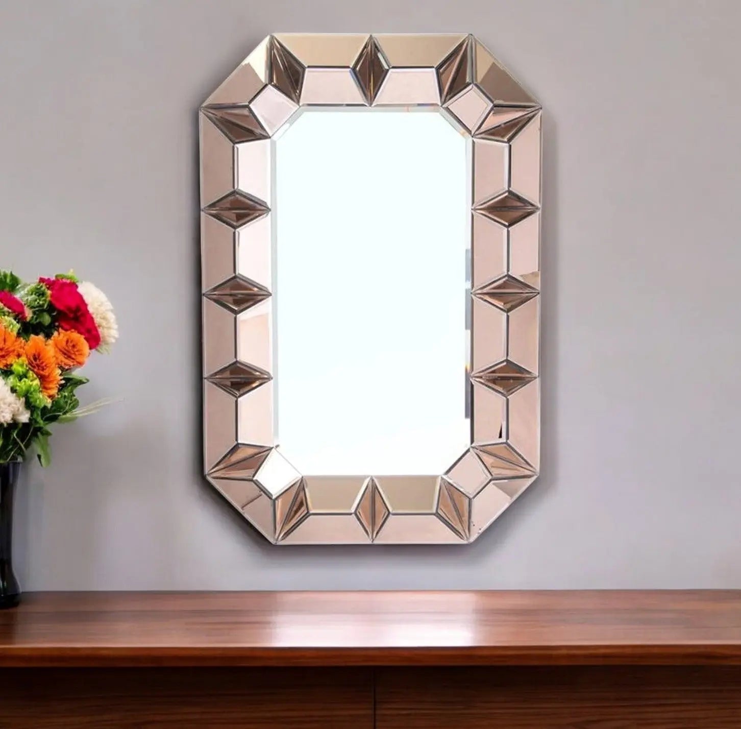 35" Rose Gold Glass Abstract Ornate Framed Accent Mirror - GreatEagleInc