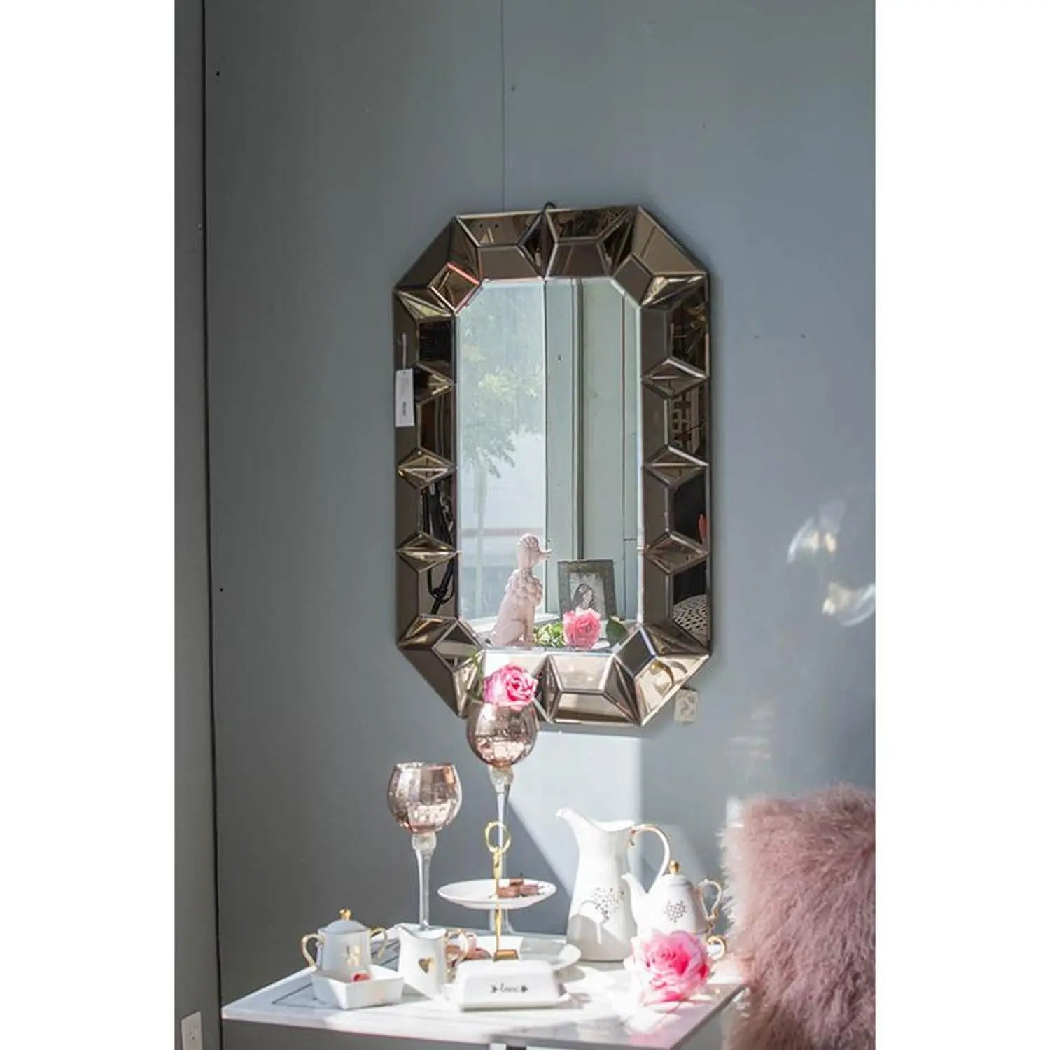 35" Rose Gold Glass Abstract Ornate Framed Accent Mirror - GreatEagleInc