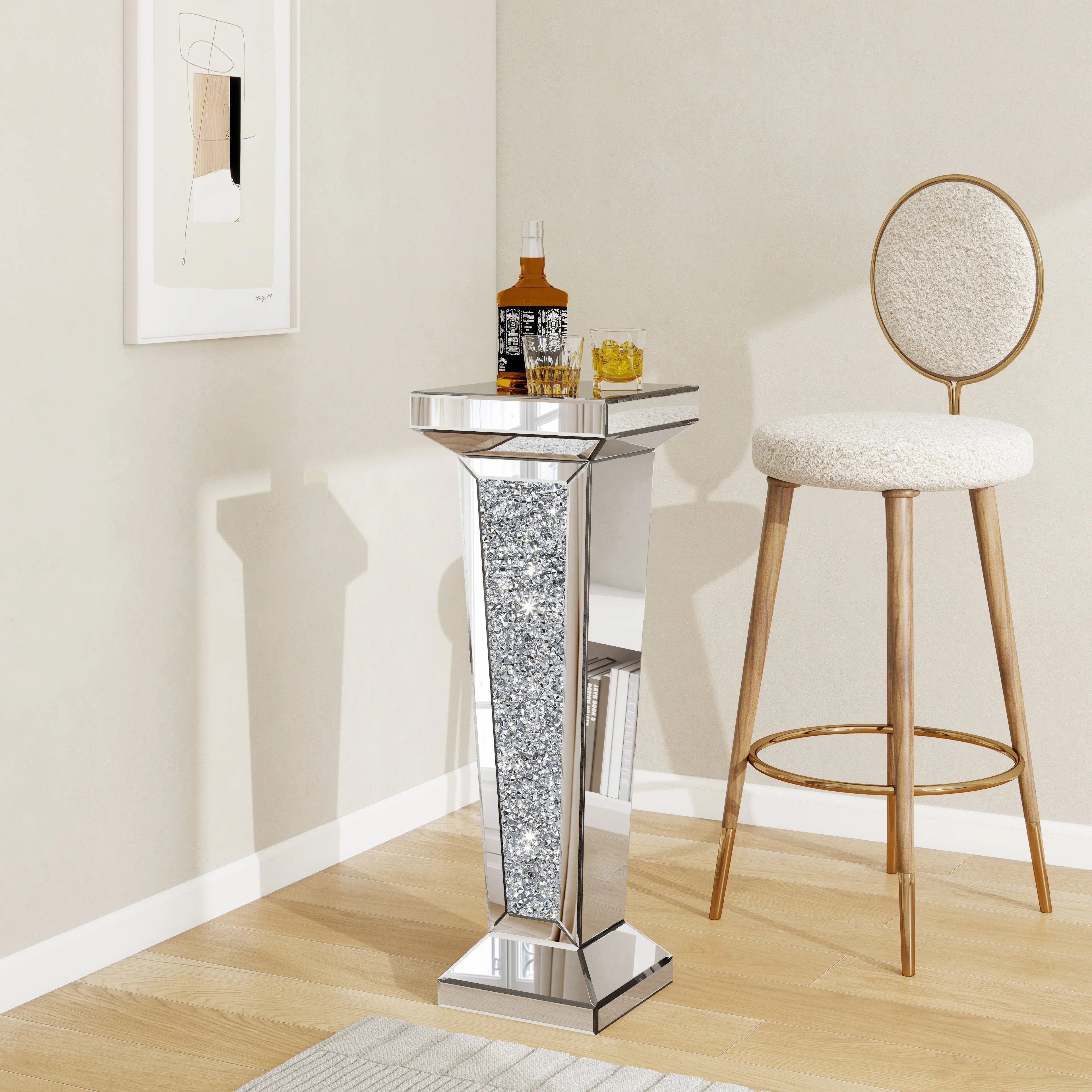 35" Silver Mirrored Glass And Faux Crystals Pedestal Accent Table Homeroots Living Room