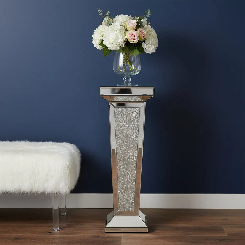 35" Silver Mirrored Glass And Faux Crystals Pedestal Accent Table Homeroots Living Room