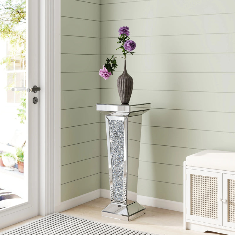 35" Silver Mirrored Glass And Faux Crystals Pedestal Accent Table Homeroots Living Room