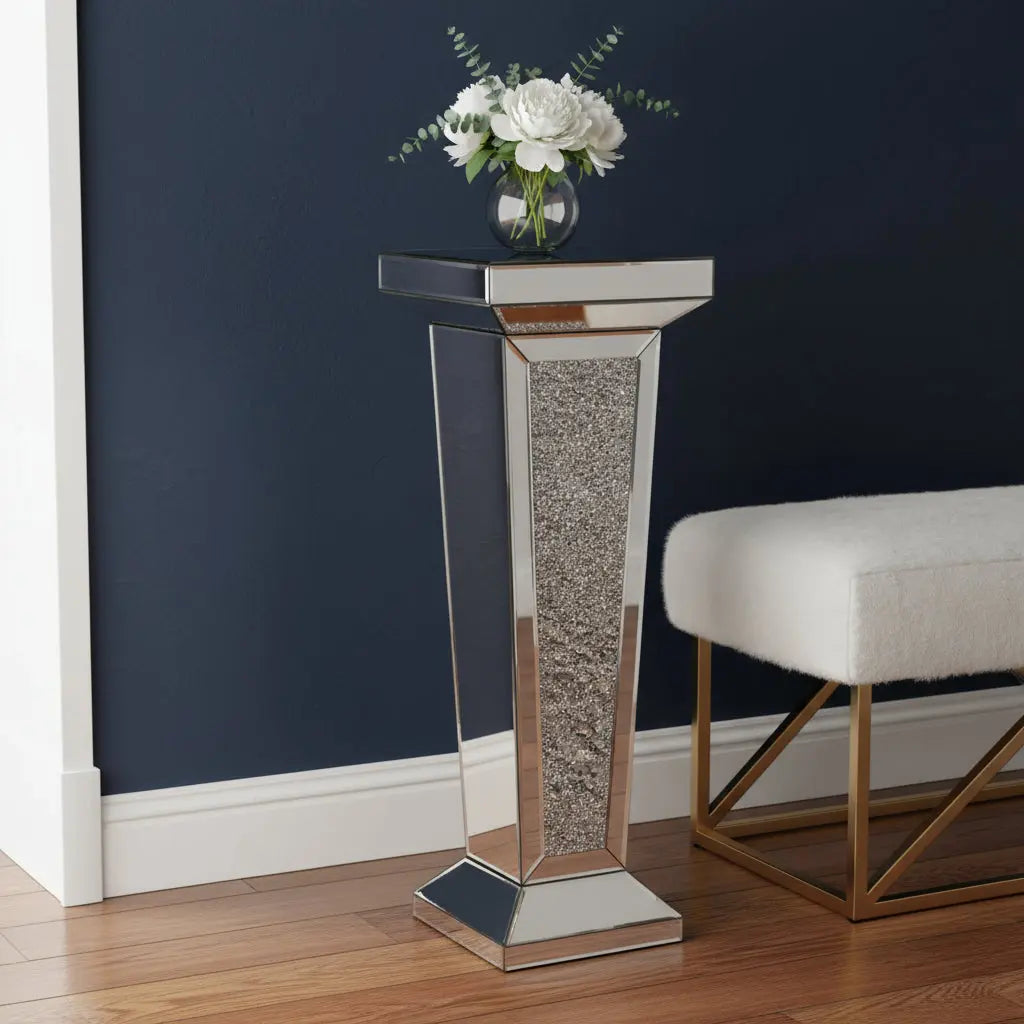35" Silver Mirrored Glass And Faux Crystals Pedestal Accent Table Homeroots Living Room