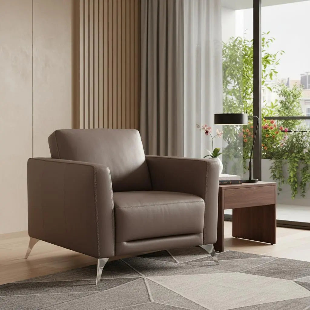 35" Taupe and Black Genuine Leather Arm Chair Homeroots Living Room