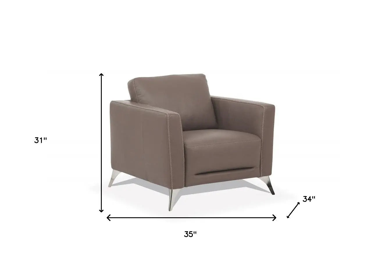 35" Taupe and Black Genuine Leather Arm Chair Homeroots Living Room