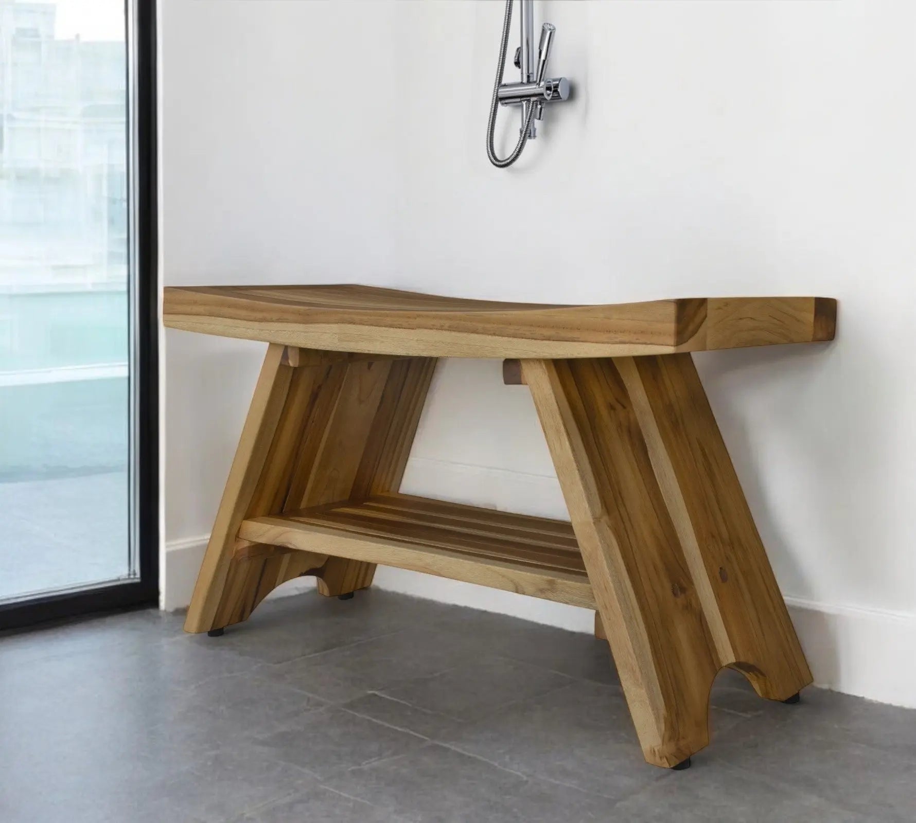 35" Teak Rectangular Shower Outdoor Bench With Shelf In Natural Finish Homeroots Bed & Bath