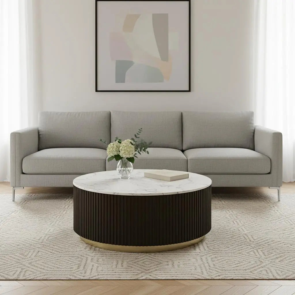 35" White Espresso and Gold Faux Marble Solid Wood and Steel Round Drum Coffee Table Homeroots Living Room