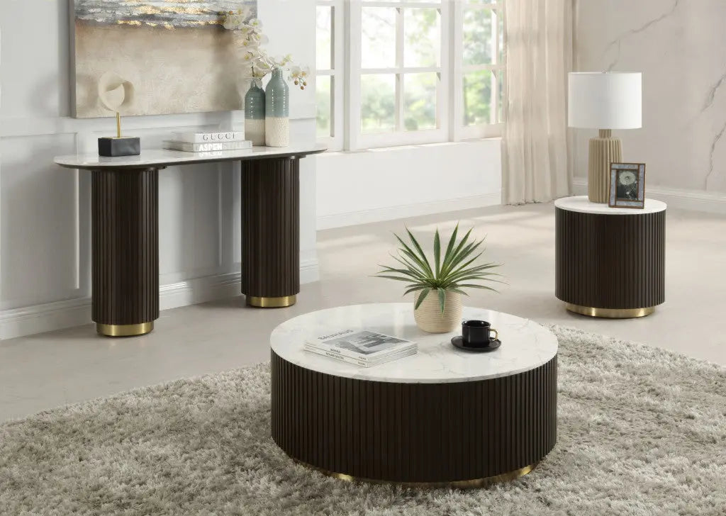 35" White Espresso and Gold Faux Marble Solid Wood and Steel Round Drum Coffee Table Homeroots Living Room
