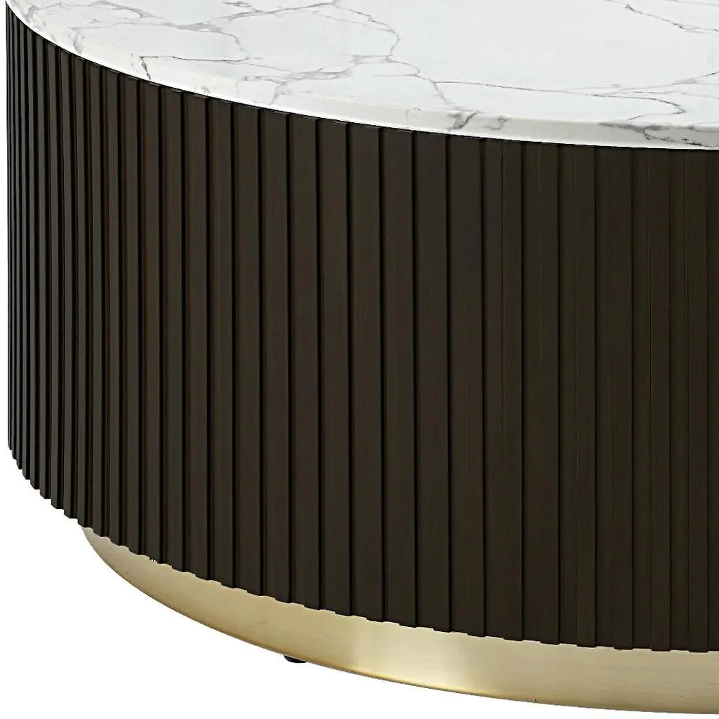35" White Espresso and Gold Faux Marble Solid Wood and Steel Round Drum Coffee Table Homeroots Living Room