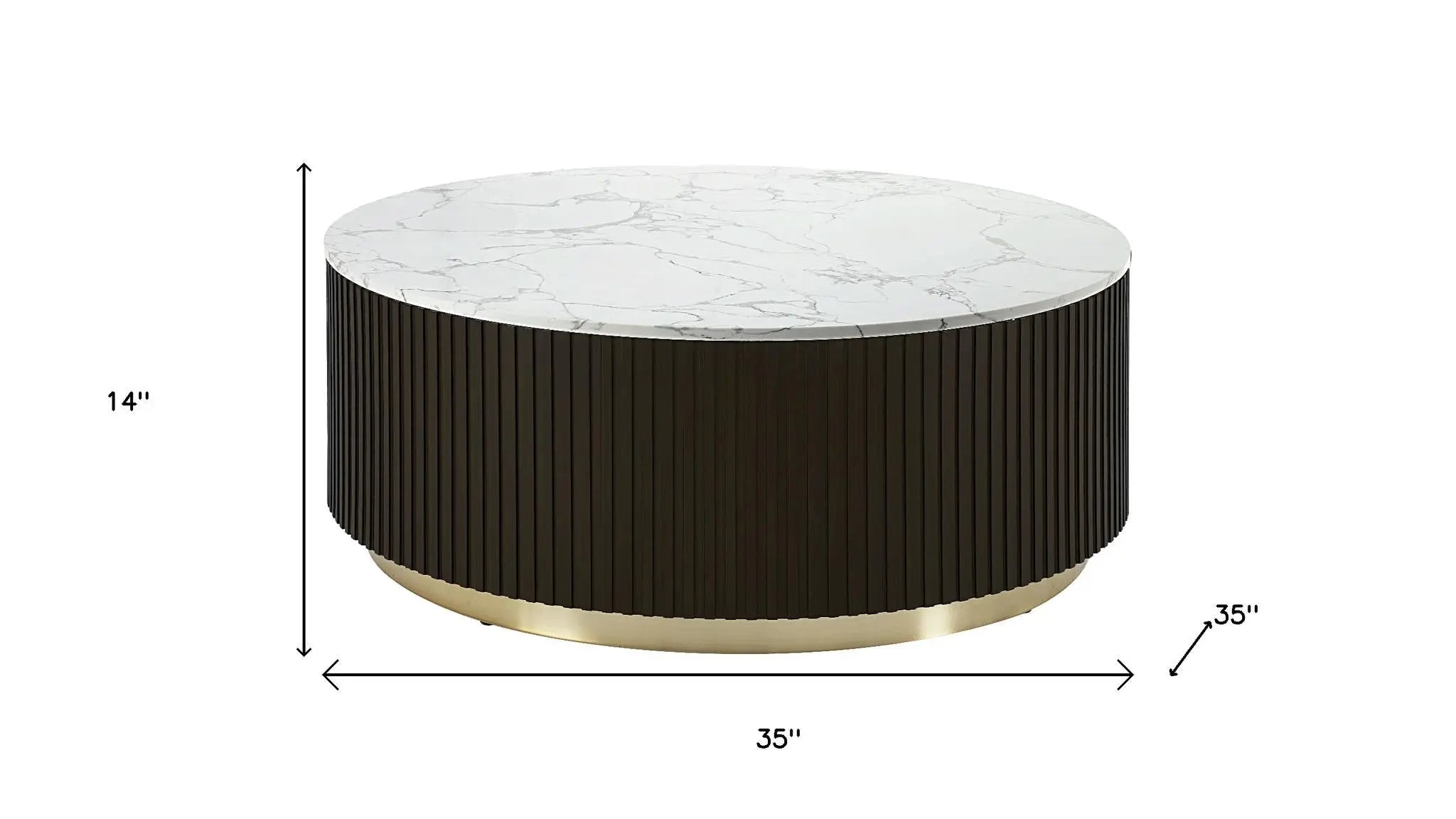 35" White Espresso and Gold Faux Marble Solid Wood and Steel Round Drum Coffee Table Homeroots Living Room