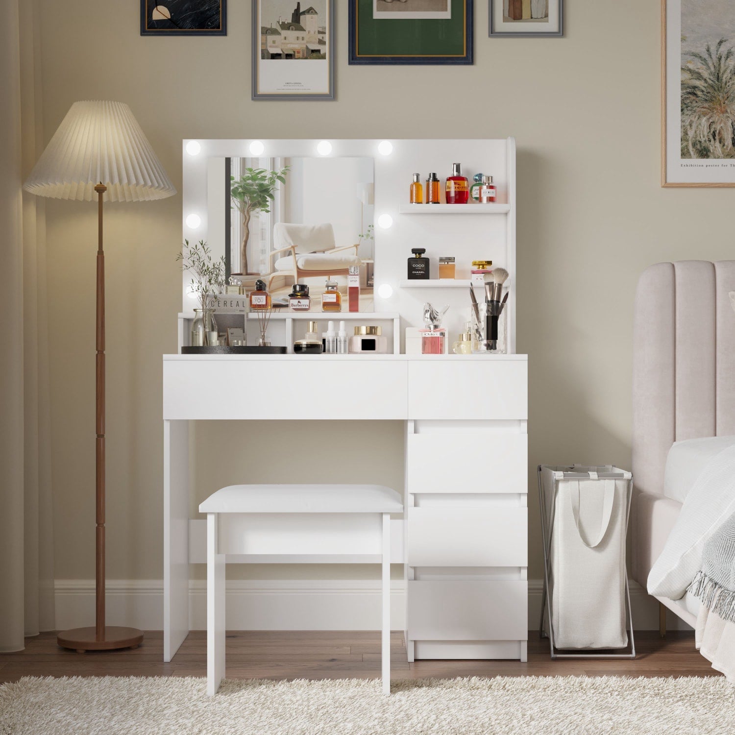 35" White Wood Five Drawer Vanity Table - GreatEagleInc