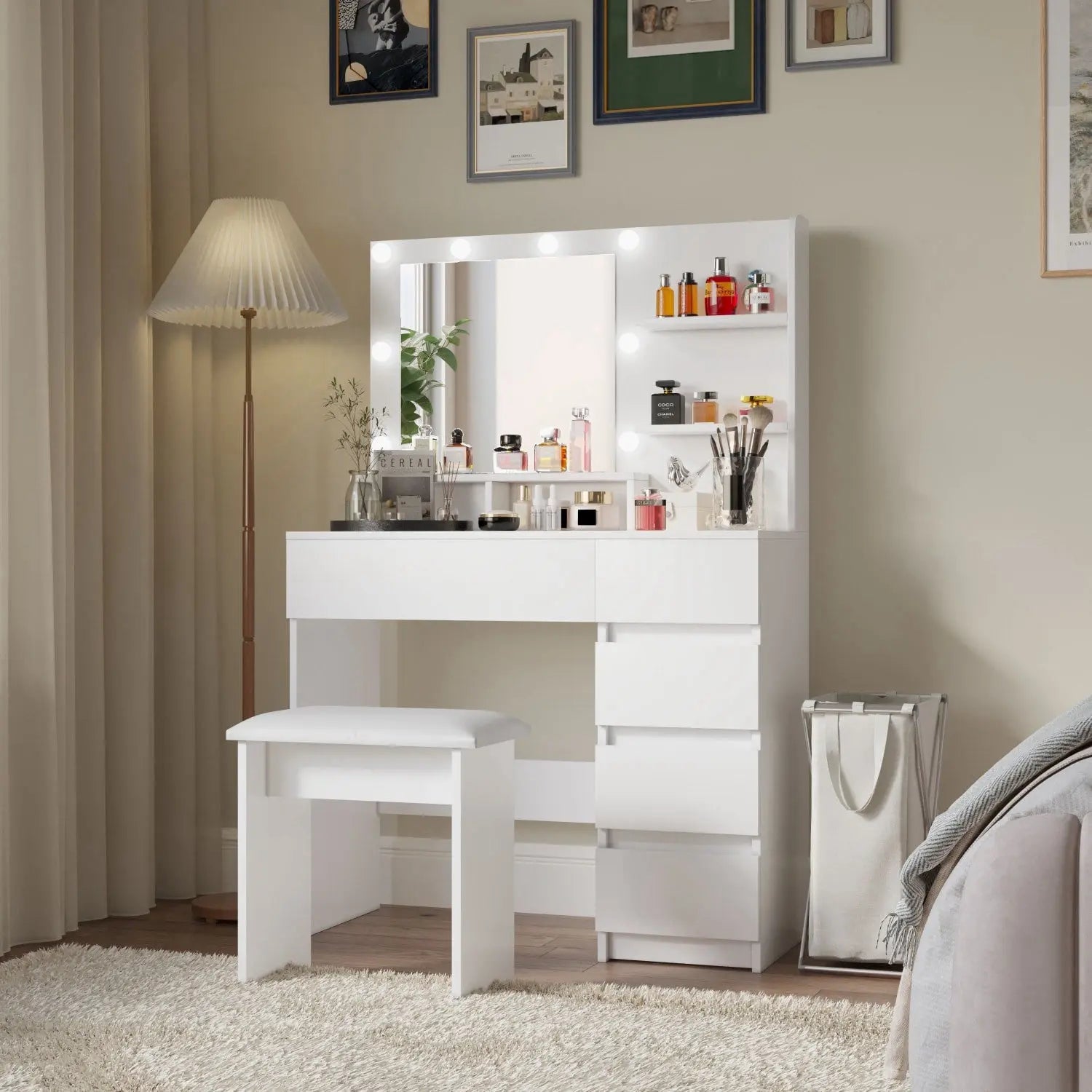 35" White Wood Five Drawer Vanity Table - GreatEagleInc