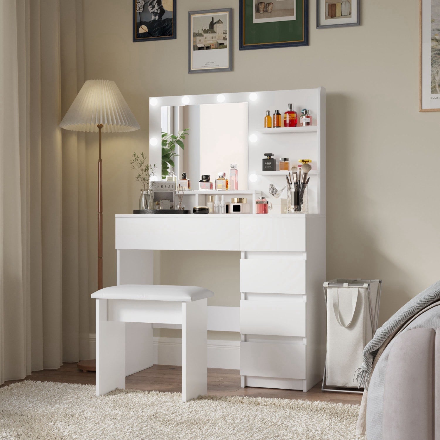 35" White Wood Five Drawer Vanity Table - GreatEagleInc