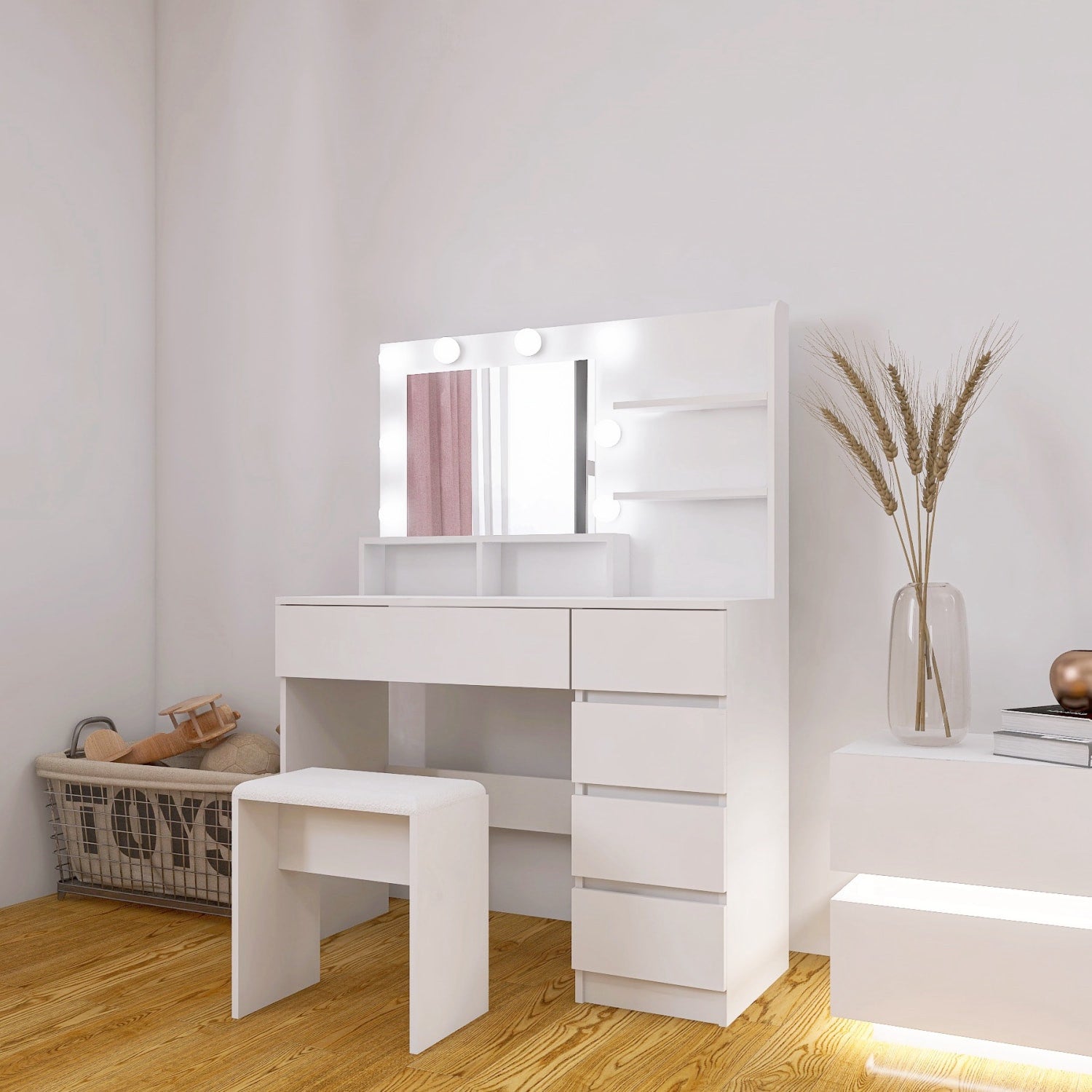 35" White Wood Five Drawer Vanity Table - GreatEagleInc