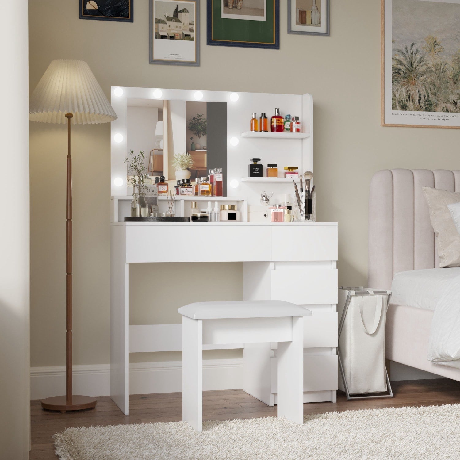 35" White Wood Five Drawer Vanity Table - GreatEagleInc