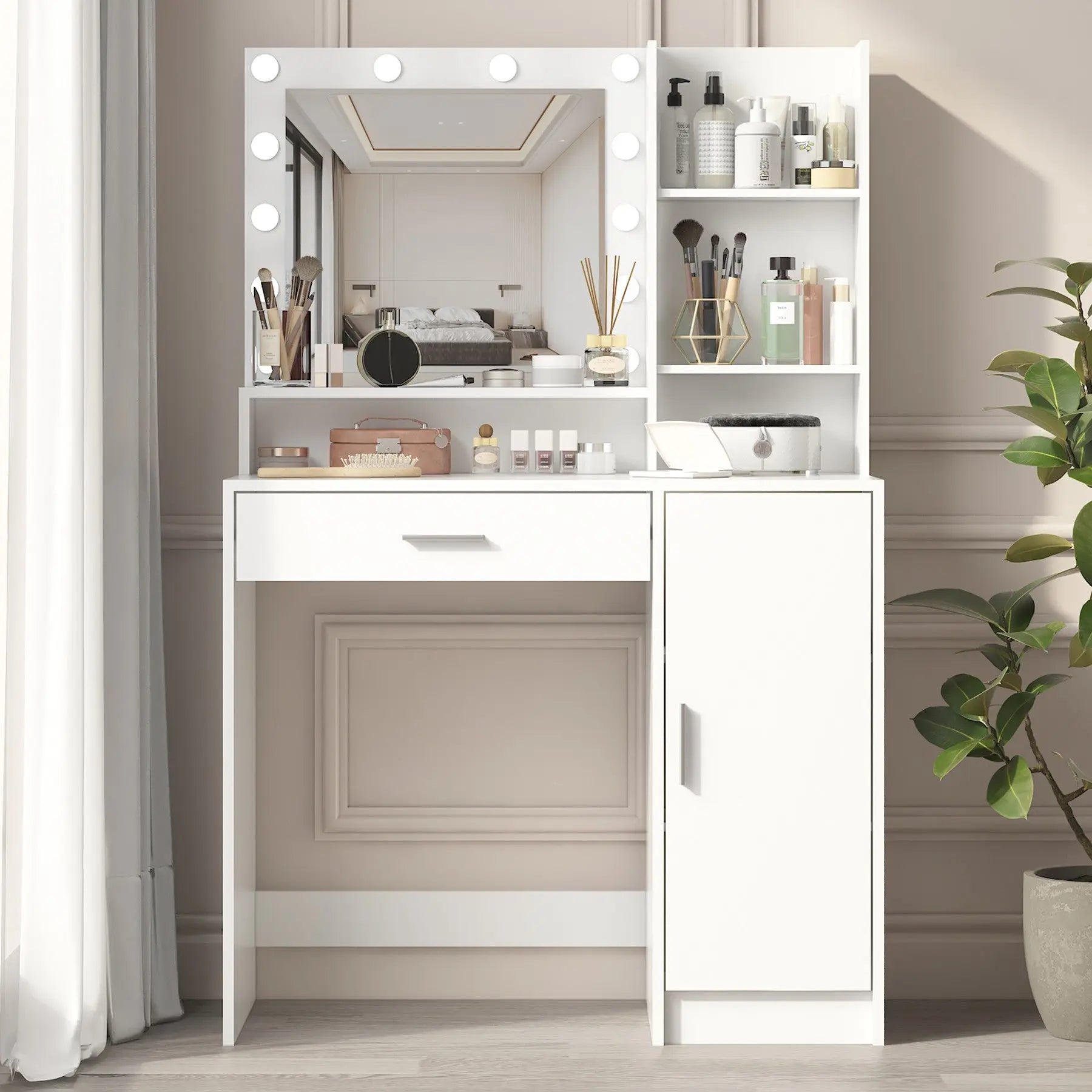 35" White Wood Mirrored Vanity Table And Lights Homeroots Living Room