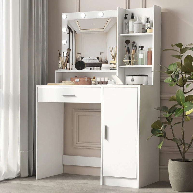 35" White Wood Mirrored Vanity Table And Lights Homeroots Living Room