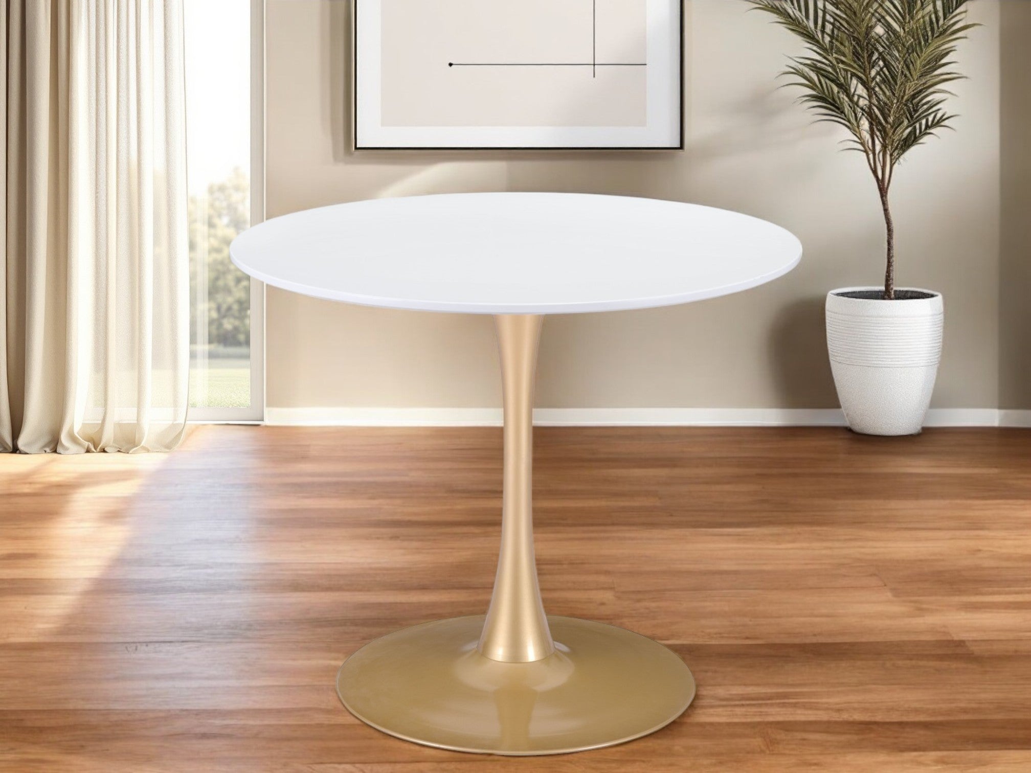 35" White And Gold Rounded Steel Pedestal Base Dining Table - GreatEagleInc