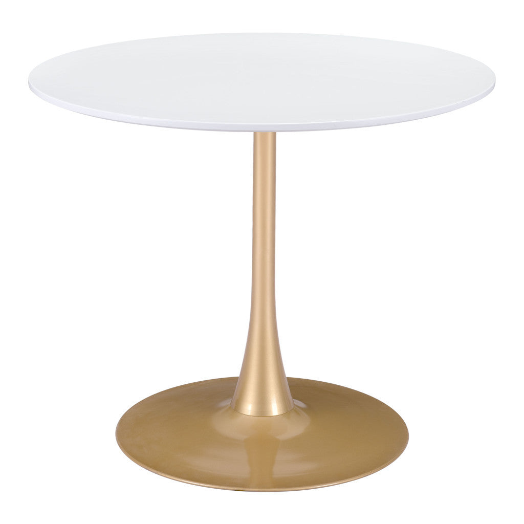 35" White And Gold Rounded Steel Pedestal Base Dining Table - GreatEagleInc