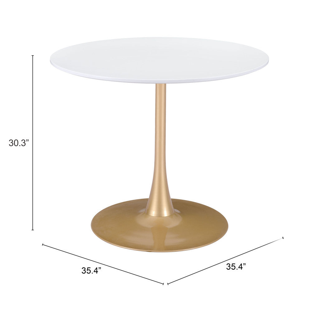 35" White And Gold Rounded Steel Pedestal Base Dining Table - GreatEagleInc