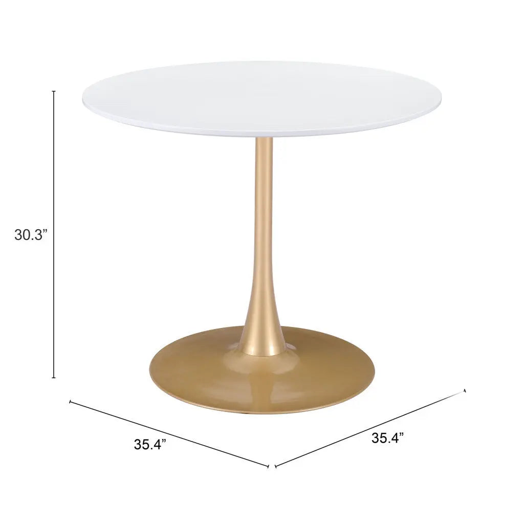 35" White And Gold Rounded Steel Pedestal Base Dining Table - GreatEagleInc