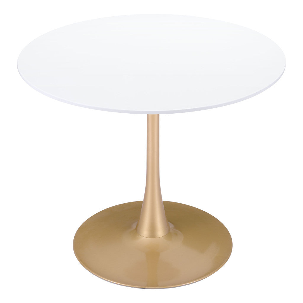 35" White And Gold Rounded Steel Pedestal Base Dining Table - GreatEagleInc