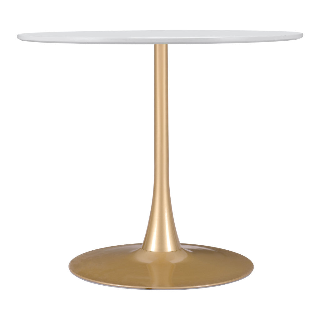 35" White And Gold Rounded Steel Pedestal Base Dining Table - GreatEagleInc