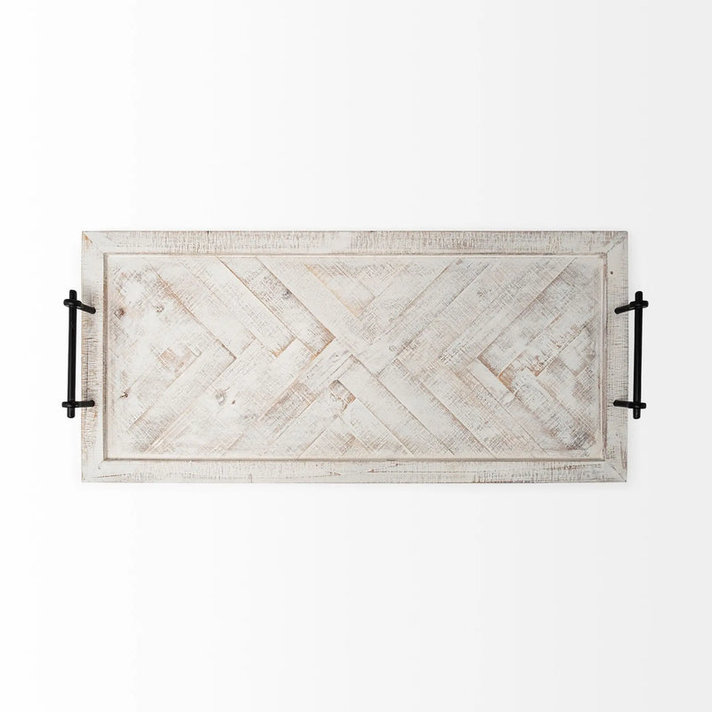 35" White and Natural Wood Indoor Outdoor Tray With Handles Homeroots Kitchen & Dining