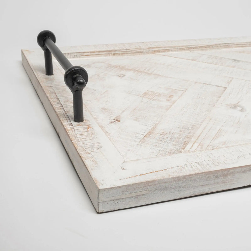 35" White and Natural Wood Indoor Outdoor Tray With Handles Homeroots Kitchen & Dining